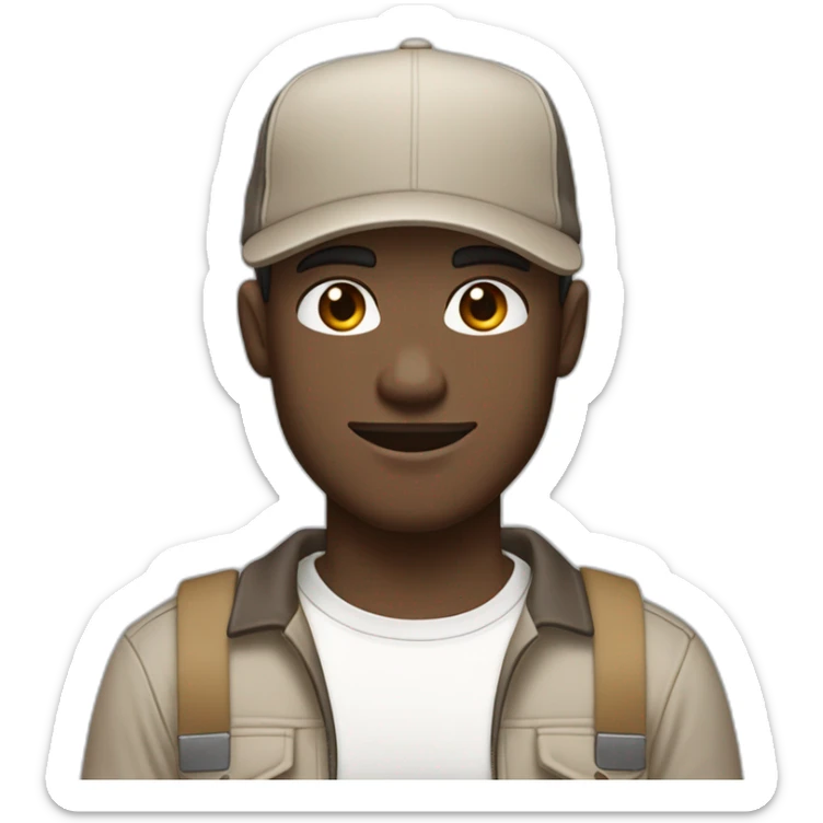 Pale skinned fit Man with dark brown hair in a beige cap, gray jeans, brown polo and white T-shirt keeping a pasted with tape white box into his hands sticker