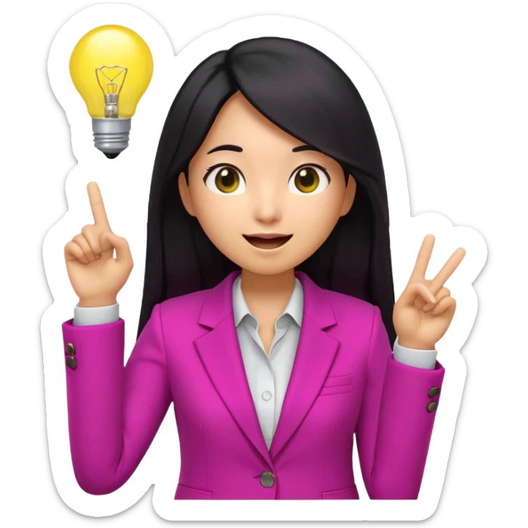 Cute 3D emoji of a Korean woman in a magenta blazer, long black hair and big brown eyes, with a light bulb above her head, excited expression, finger pointing up, solid lemon yellow background. sticker
