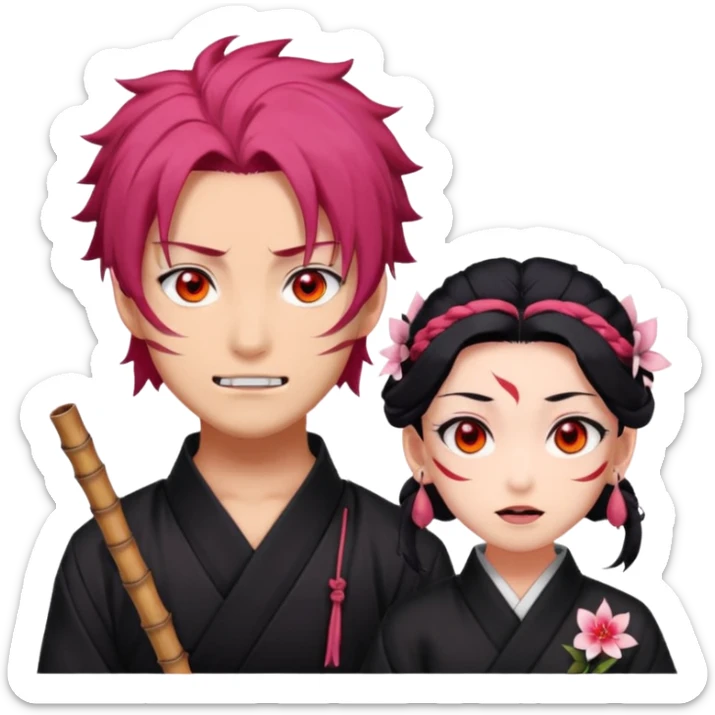 tanjiro male : Kind red eyes, black hair with burgundy tips, forehead scar, tanned skin, Hanafuda earrings.                             nezuko:   Pink eyes, black-orange hair, fangs, bamboo muzzle in mouth. sticker