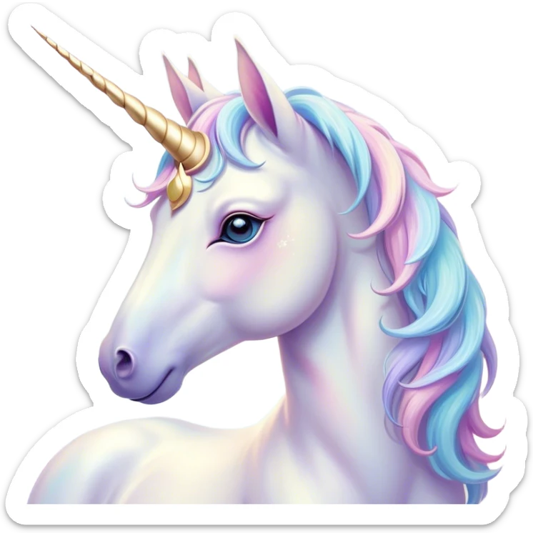 Beautiful and Majestic Unicorn Pony Portrait Emoji, Head and body radiating gentle magic with a soft pastel color, a delicately sparkling horn and eyes gently closed in peaceful wonder, Simplified yet exquisitely endearing features, highly detailed, glowing with a soft, ethereal light, high shine, serene and utterly majestic, stylized with an air of fairy-tale regality, soft glowing outline, capturing the essence of a beautiful and majestic unicorn pony that embodies the enchanting spirit of a dream! sticker