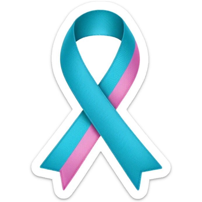 Thyroid cancer ribbon which has a blue strand, a pink strand and teal at the top where the ribbon crossed over sticker