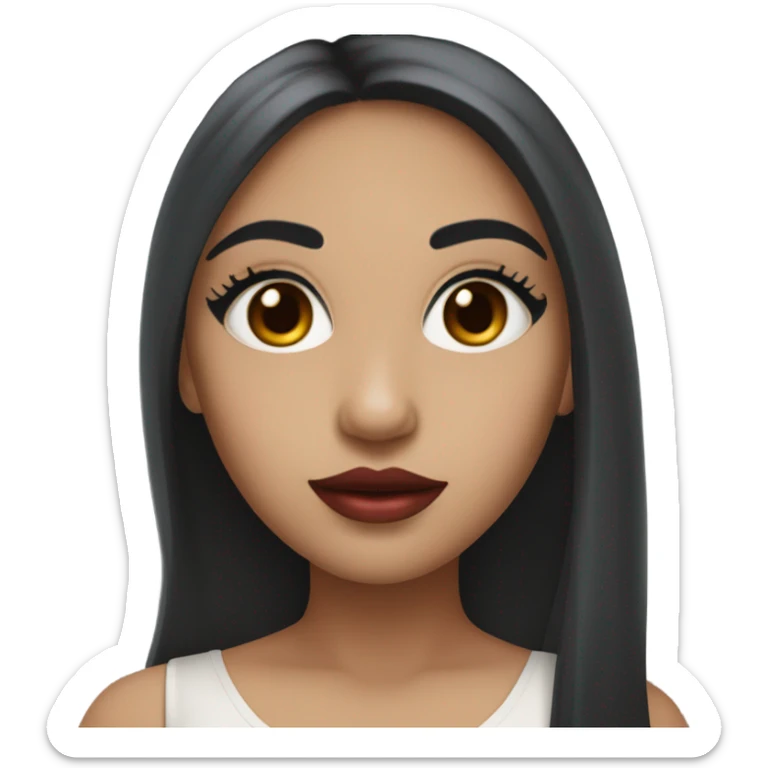 Girl with long black hair, big eyes, small nose, brown eyes, soft arched eyebrows, long eyelashes, black eyeshadow, red lipstick  sticker