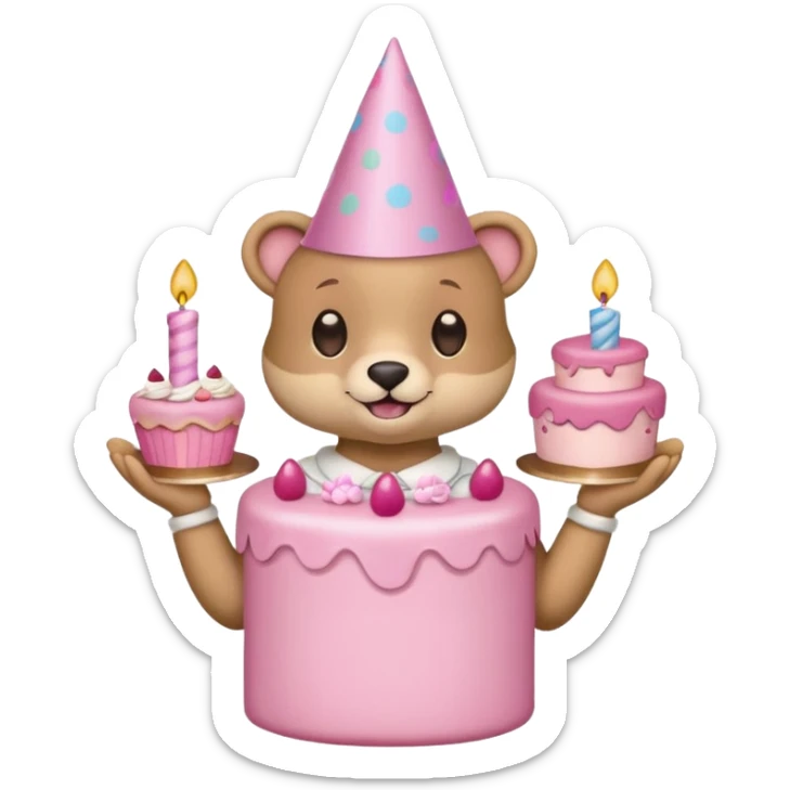 cute animal hold a pink birthday cake in both arms with pink birthday hat sticker
