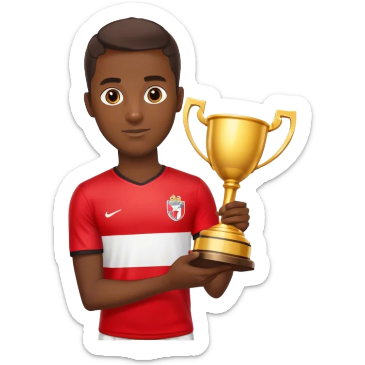 footballer in red-white t-shirt, in his hand golden trophy sticker