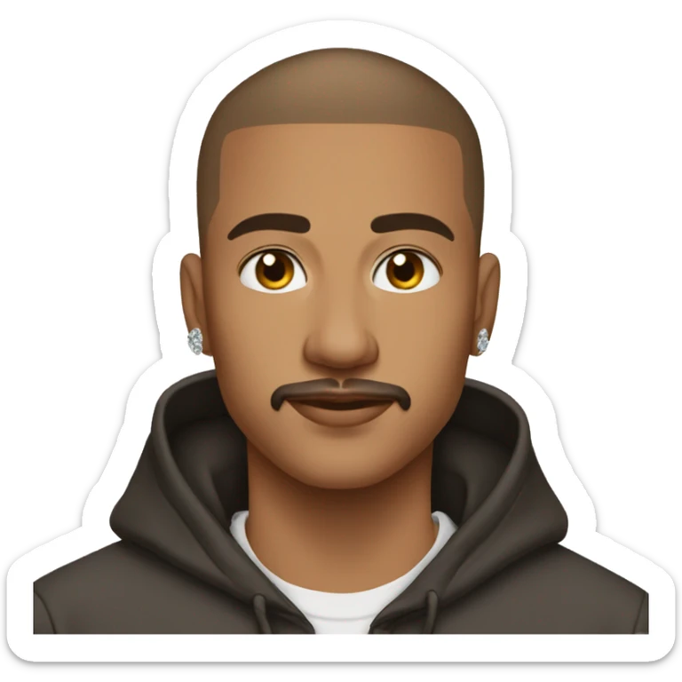 brown short buzzcut haired, 25 years old tanned boy with mustache wearing streetstyle hoodie and diamond chain sticker