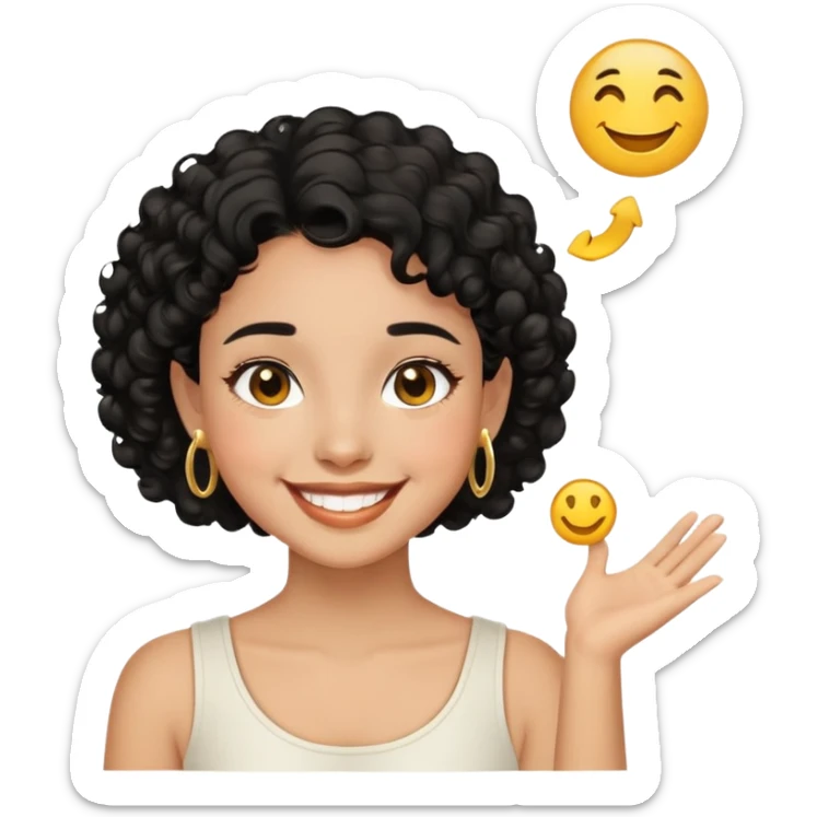 Girl showing happiness, medium skin tone, short curly black hair, gold earrings Minimal emoji showing happiness, medium skin tone, short curly black hair, gold earrings sticker