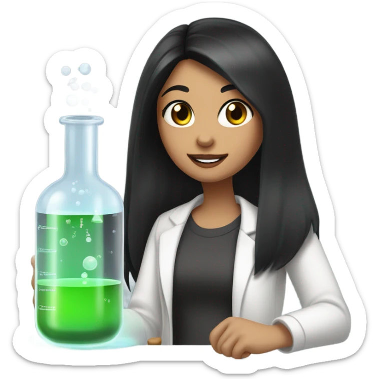 Science Chemistry girl with long black straight hair, brown eyes and pinky red lips with a fair skin tone sticker