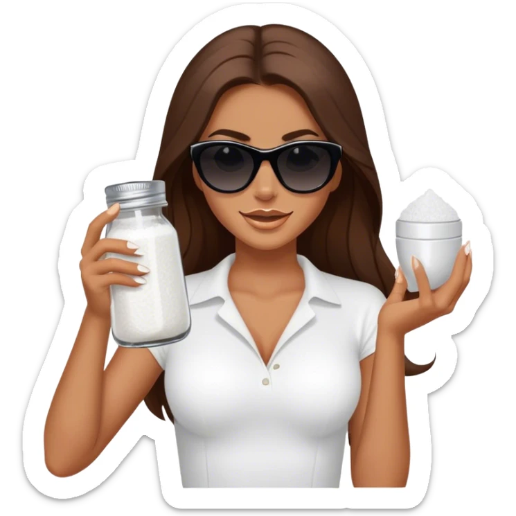 sassy woman with long brown hair, tan skin, and dark sunglasses holding a salt shaker filled with white table salt. She is sprinkling the salt out from the shaker while smirking sticker