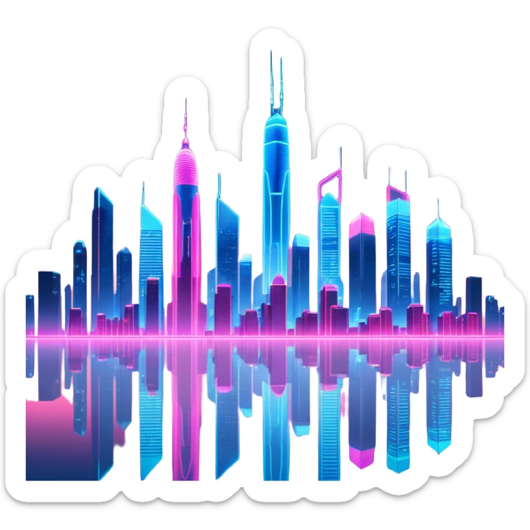 A futuristic cityscape at night, with neon lights and towering skyscrapers illuminating the sky sticker