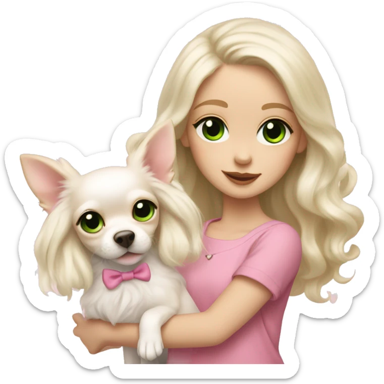 pale blond girl with wavy long platinum hair with green eyes holding a white chihuahua puppy that wearing a pink bow sticker