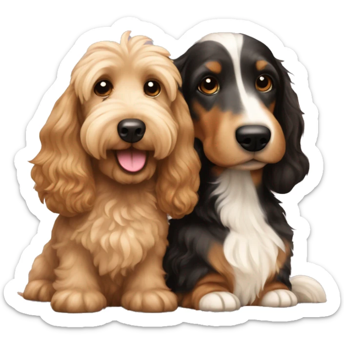 Brown golden doodle and black and tan and cream longhair dachshund sitting together  sticker