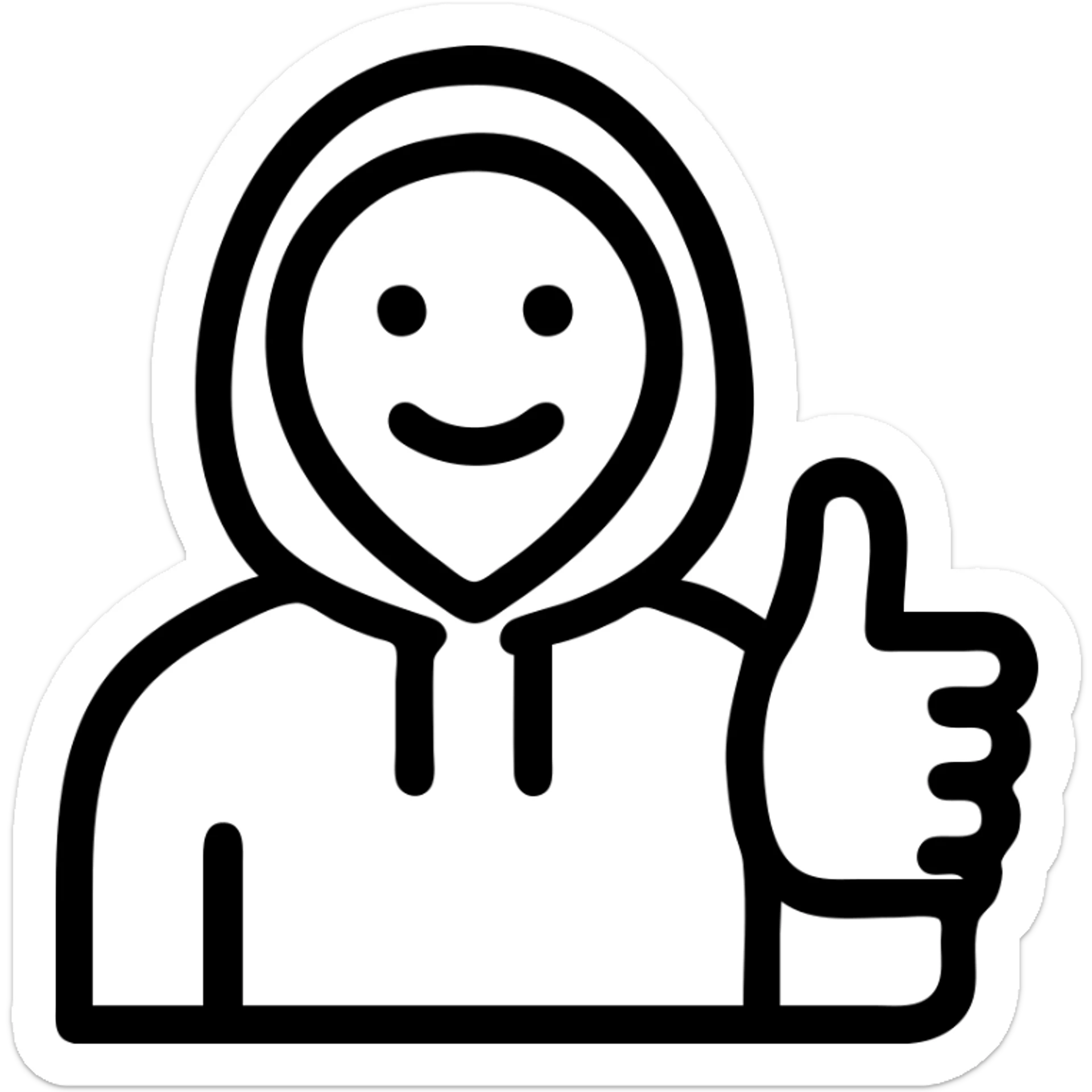 person in black hoodie giving a thumbs up, smiling, minimalist style sticker