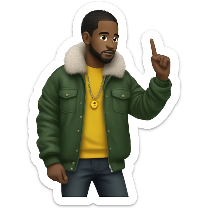 Side profile of a hip hop artist. He is holding a mic in one hand. That arm is pointing down. He's wearing a puffy dark green jacket. The jacket has a furry yellow collar.  sticker