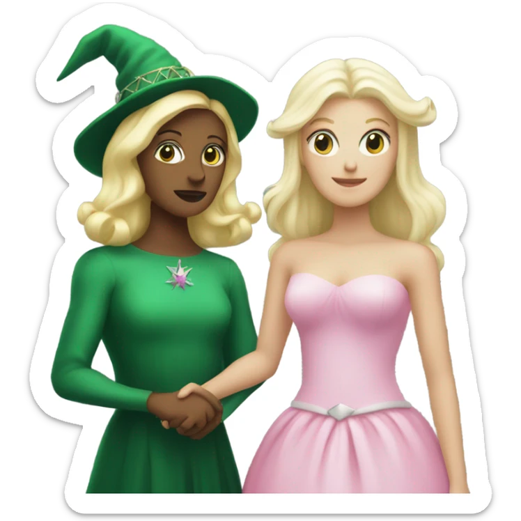 Green witch holding hands with a white blonde woman in a big pink dress and a tiara  sticker