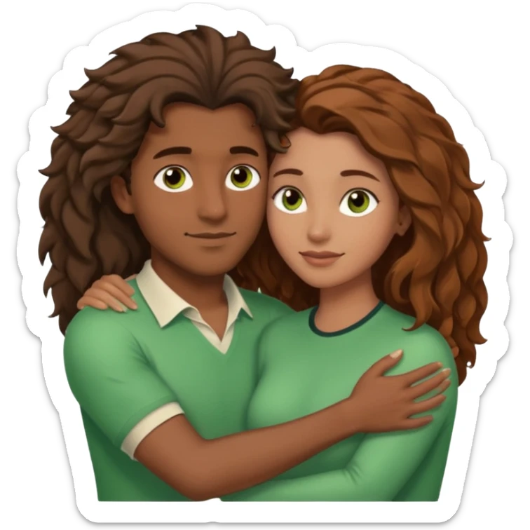 Couple embracing with arms around each other; black woman with brown eyes and lush hair, fair white man with brown hair and green eyes sticker