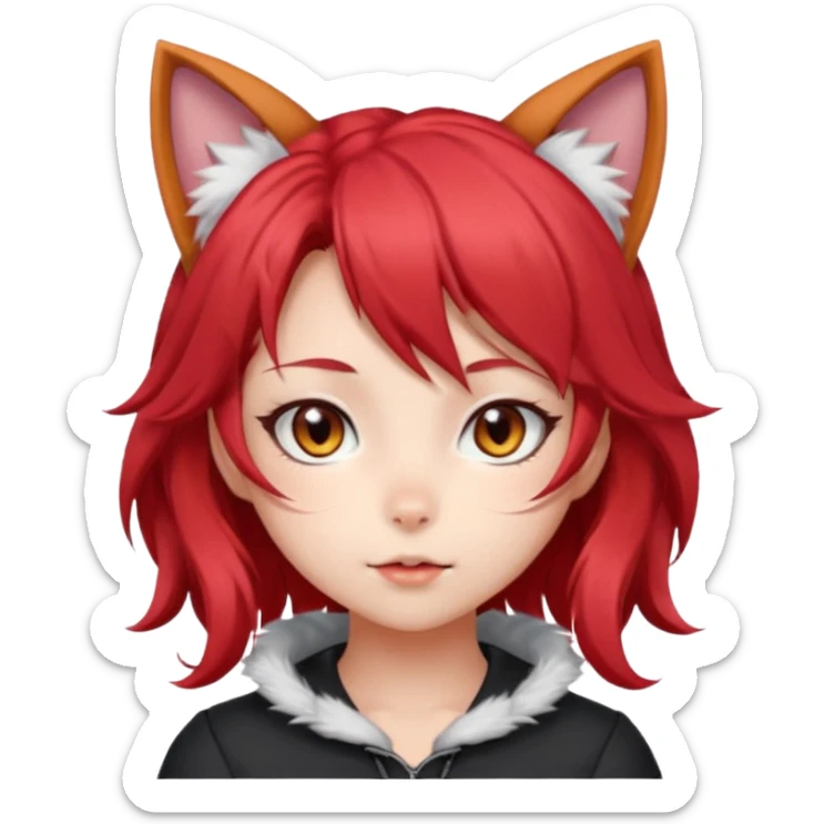 very cute anime cat-girl with cat ears, red blowing hair sticker