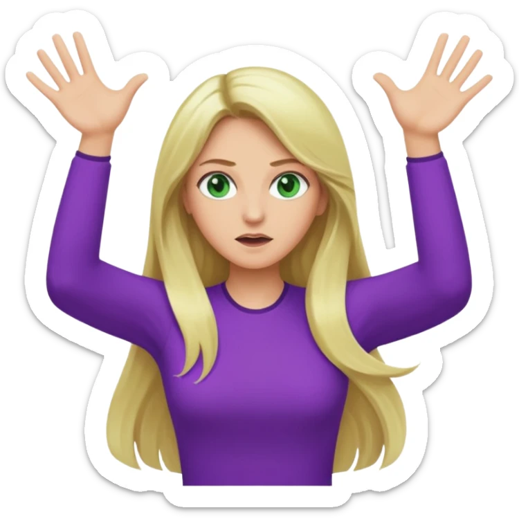 lady with long blonde hair, green eyes and purple top throwing arms in the as if confused sticker