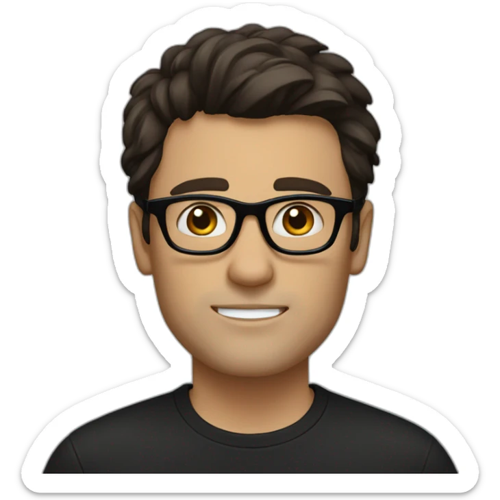 a slim white man with messy short dark brown hair, with a black t-shirt, black rectangular glasses sticker