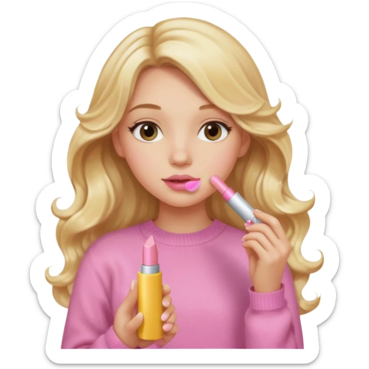 A long curled blonde haired  young girl with a pink sweater and holding a clear lip gloss sticker