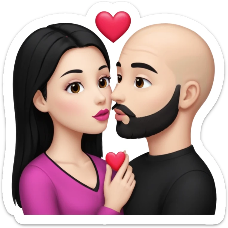 👩🏻‍❤️‍💋‍👨🏻 this one but the man should be bald. white woman with long black hair and white bald young man whoitiut hair and a heart between their heads. she has pink lips and both have brown eyes. he has e full beard but short. both wear black  sticker