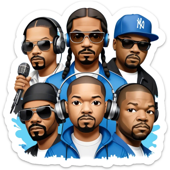 Icon for Rap Music: collage of rap legends—Snoop Dogg, Ice Cube, Dr. Dre, and 50 Cent. Iconic elements include microphones, headphones, and urban street elements like graffiti. Bold, energetic vibe with a hip-hop style. Transparent background. sticker