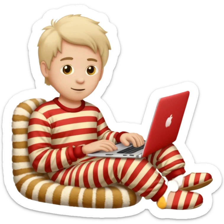 man in striped pajamas and fuzzy slippers typing on a laptop, emoji style sticker