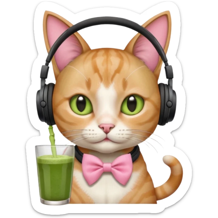 A cat wearing headphones with a glass of matcha, a pink bow on his ear sticker