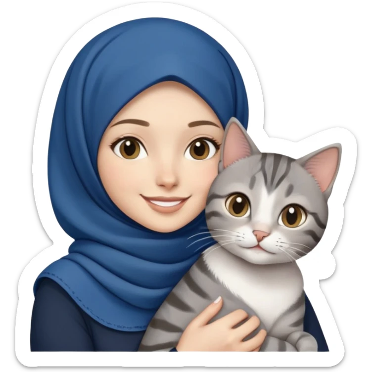 White girl wearing dark blue hijab with white shirt smiling while holding a black grey tabby cat sticker