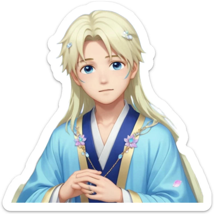 Beautiful gorgeous blushing blue-eyed youthful handsome anime guy with beautiful iridescent-pastel-whitish-special-medium-long-hair, fashion aesthetic, ethereal, fairycore, pastelcore, flower petals, crystals, layered robes, accessories, jewelries, gold, colorful, shiny, trending style, outside sticker