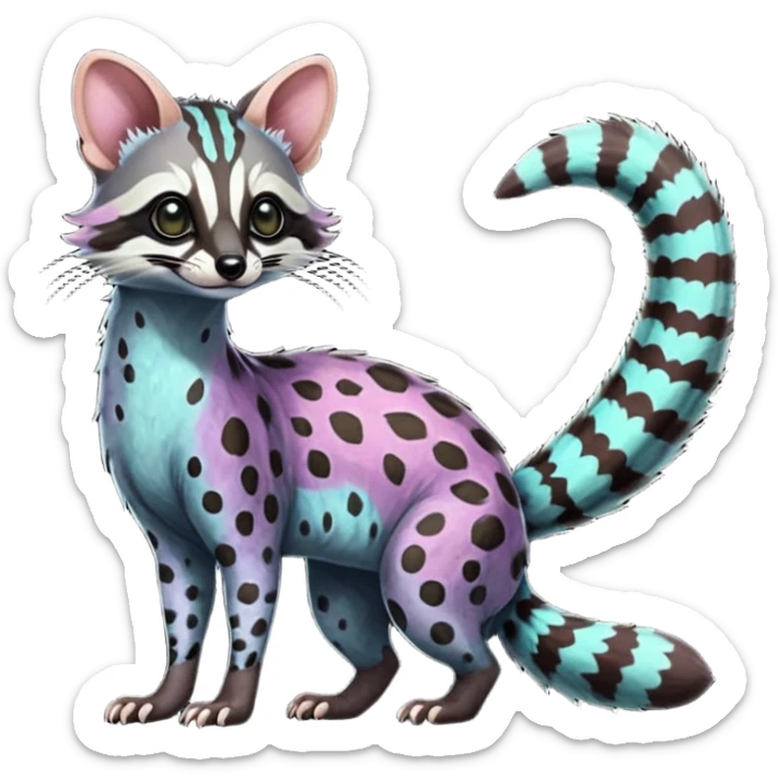 Feral Rare Fantasy iridescent scaly shaded detailed vibrant colorful Genet-Trico-Civet-Cacomistle-Margay-species by LiLaiRa, with dark-blackish points, white belly, random markings, tufted tail, tufted ears, full body sticker