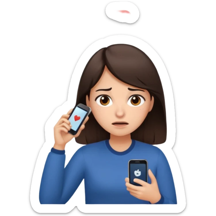 Social media manager. She has dark brown hair, brown eyes, overwhelmed expression, tired eyes, slightly stressed face,a holding a smartphone with notifications piling up sticker