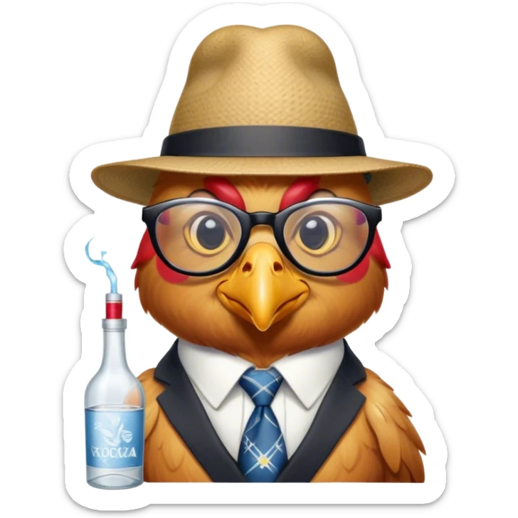 Chicken with a tattoo of three sixes above its eyebrow, wearing glasses, a hat, a tie, and holding a bottle of vodka. sticker