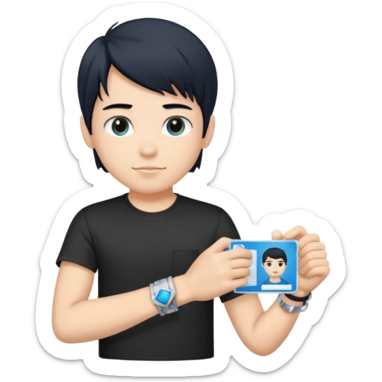 driving license of ipretty bratz emoji of a boy with a black tee, silver- blue bracelet, black hair sticker