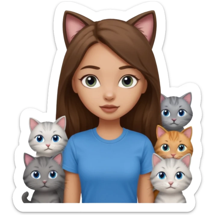 a pretty bratz dusky light skin girl with long brown hair, blue eyes with six cats nd wearing a grey tshirt sticker