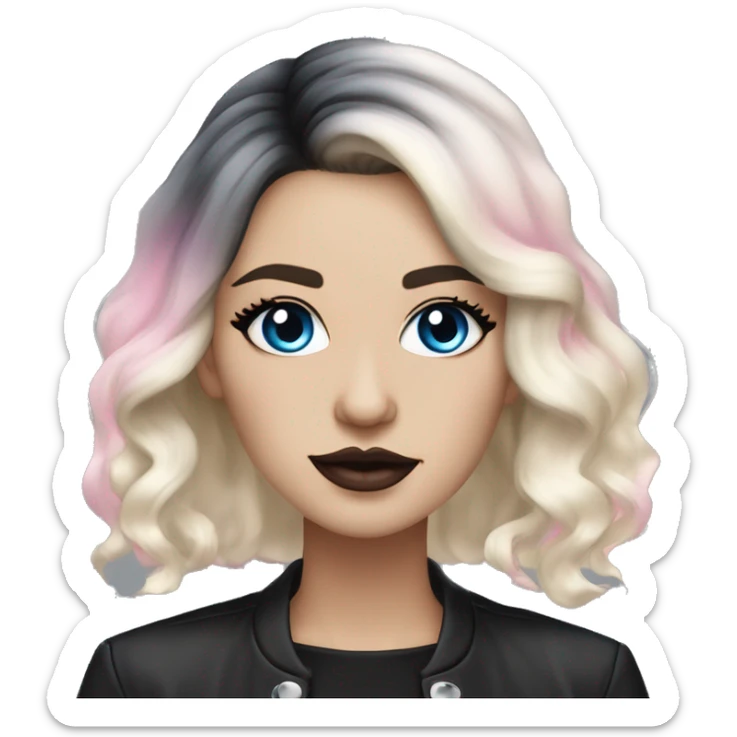 Slavic adult woman, goth eyes makeup, pink lips, blue eyes, medium bob black-to-blonde ombre wavy hair, white T-shirt and black office jacket. sticker