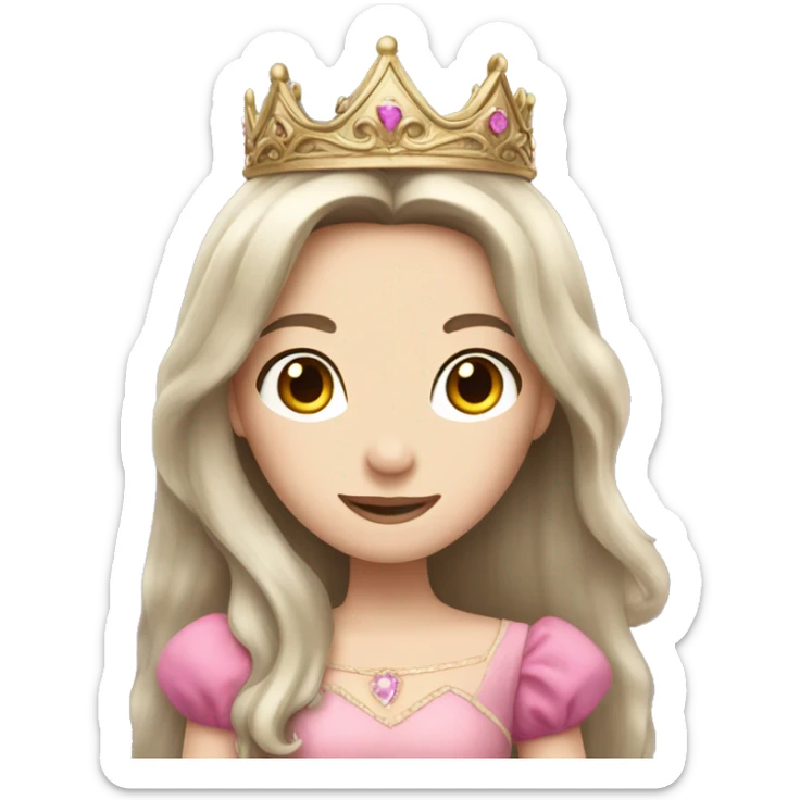 brunette princess with pale skin and long hair and a crown and a pink dress sticker