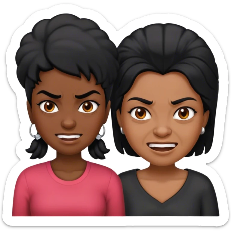 a black-skinned angry girl with black hair next to an older black lady who smile sticker