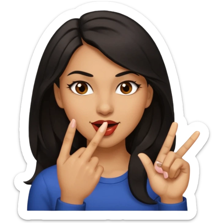 black slighty browin hair light brown skin woman, flirtatious gesture, biting her finger and winking emoji she also has tall hair and brown eyes sticker