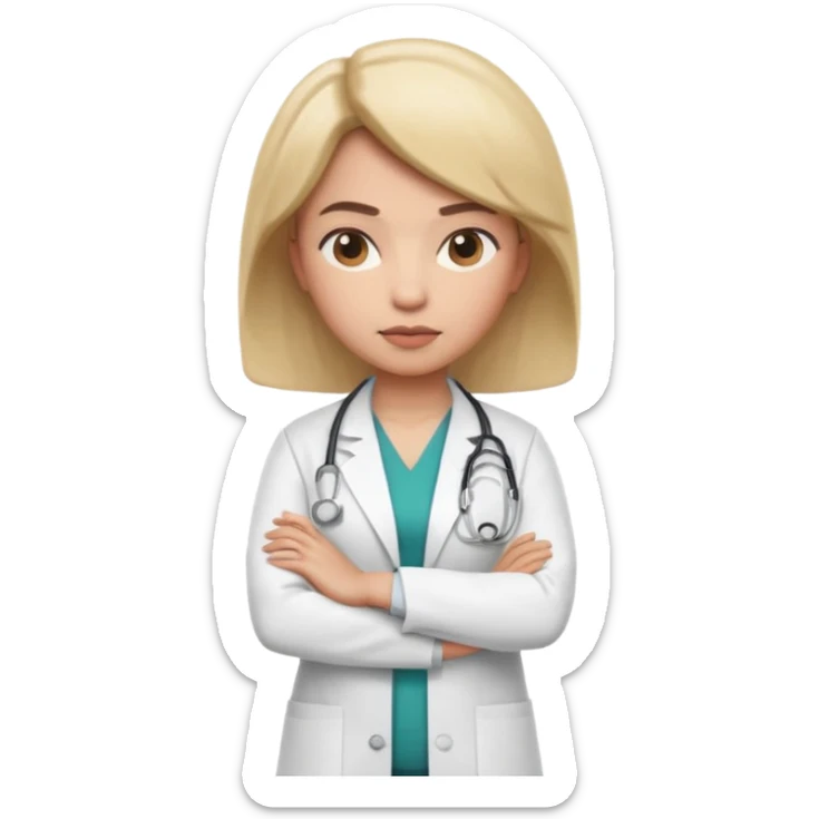 3D memoji style female doctor in medical coat, arms crossed, serious but calm expression, slightly raised eyebrow, professional look, centered, isolated, PNG, transparent background sticker