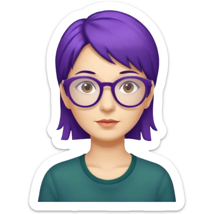 Cartoon 50-year-old youthful woman with purple glasses, brown eyes, and indigo hair to her shoulders in a dark green shirt. sticker