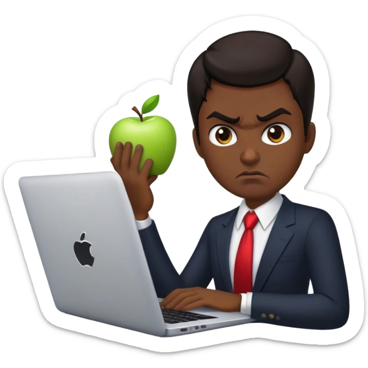 memoji of a realtor with a laptop in front, apple-style,modern,dark hair,black, angry sticker