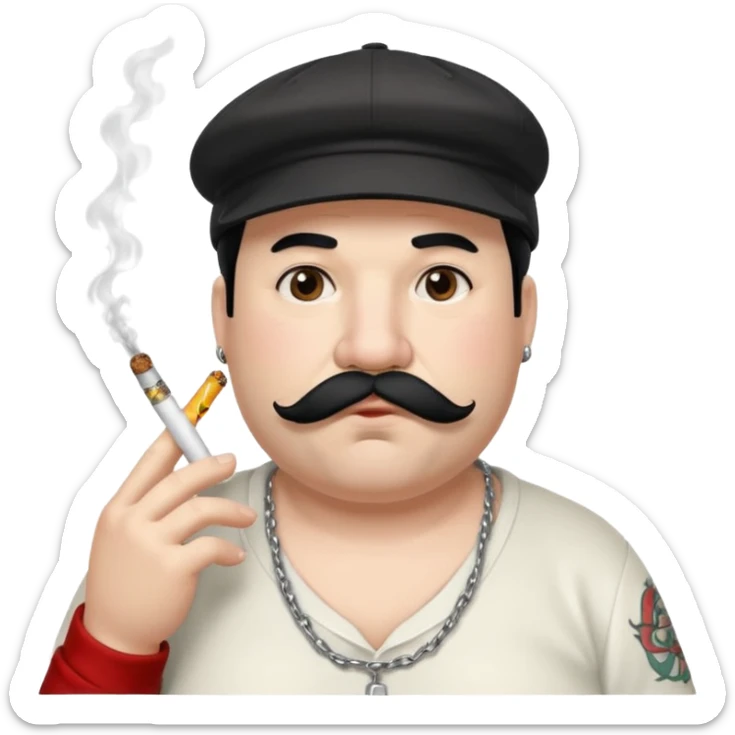 a fat father with white fur, black hair, a hip hop cap, a tattoo with a cigarette in his mouth, and a mustache. sticker