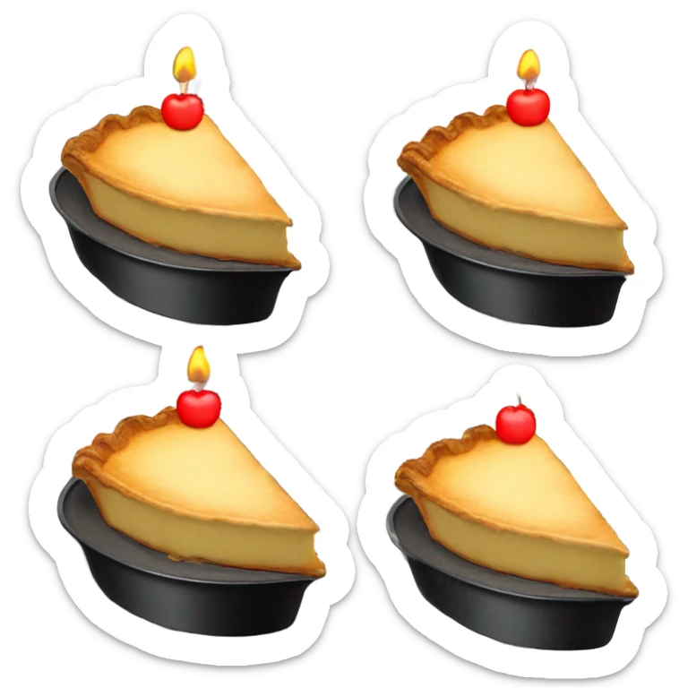 Slice of apple pie with a birthday candle on it in a black pan on a red and white checkered table cloth  sticker