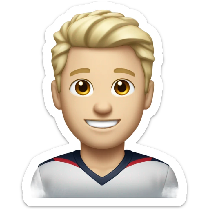 Skinny Caucasian male blonde combed over hair smiling wearing a Houston Texans polo sticker
