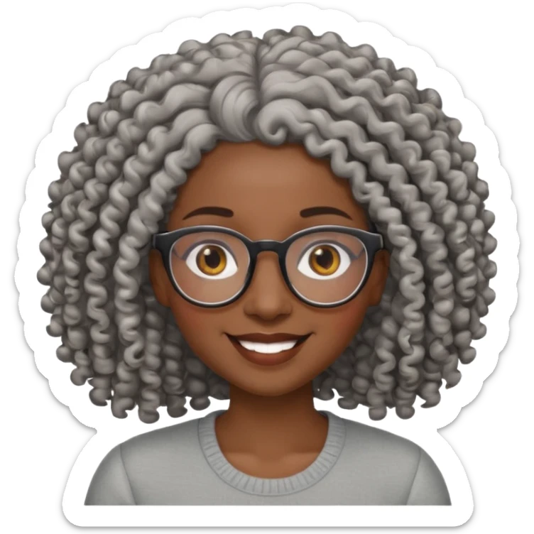 smiling dark black woman wearing glasses with lots of curly gray hair a sticker