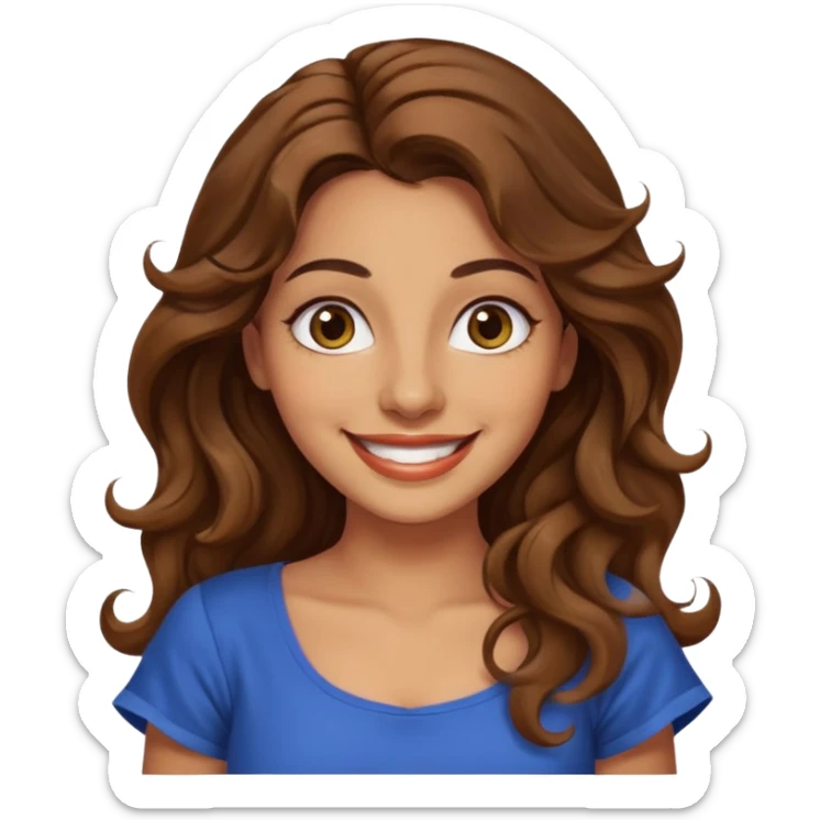 30 yr old italian woman, long brown wavy hair, big brown eyes, huge smile, fancy dress, no bangs, t shirt sticker