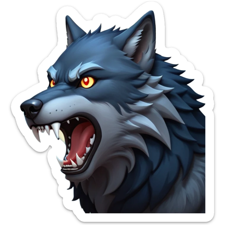 cinematic-noble-fierce-werewolf-howling-portrait-emoji, poised-and-imposing, with a fierce wolfish face tilted upwards in a haunting howl, glowing eyes full of primal ferocity, sharp, and a rugged snout, fur rippling in shades of midnight black and silver, muscles tensed as the powerful howl echoes beneath the moonlit sky; rendered with realism, capturing the raw, untamed power of the beast in its wild, primal state sticker