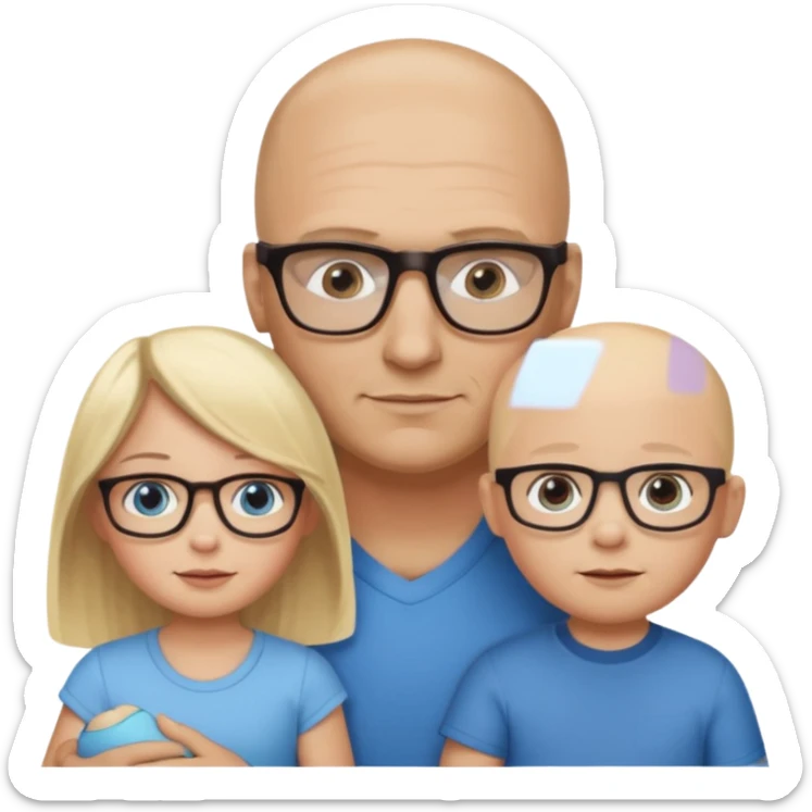 Eigene Familienbild mit 3 Personen; Mutter dunkle Augen und dunkle lange Haare mit Brille; Vater mit Vollglatze und Blaue Auge und ohne Brille;  kleinkind mit blonden Haaren und dunklen Augen und ohne Brille sticker