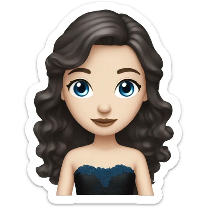 White Girl with wavy dark brown long hair, blue eyes in a black wedding dress sticker