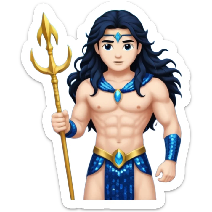 Neptune, God of the Sea from Gods and Goddesses with long black hair, dark blue sequin outfit sticker